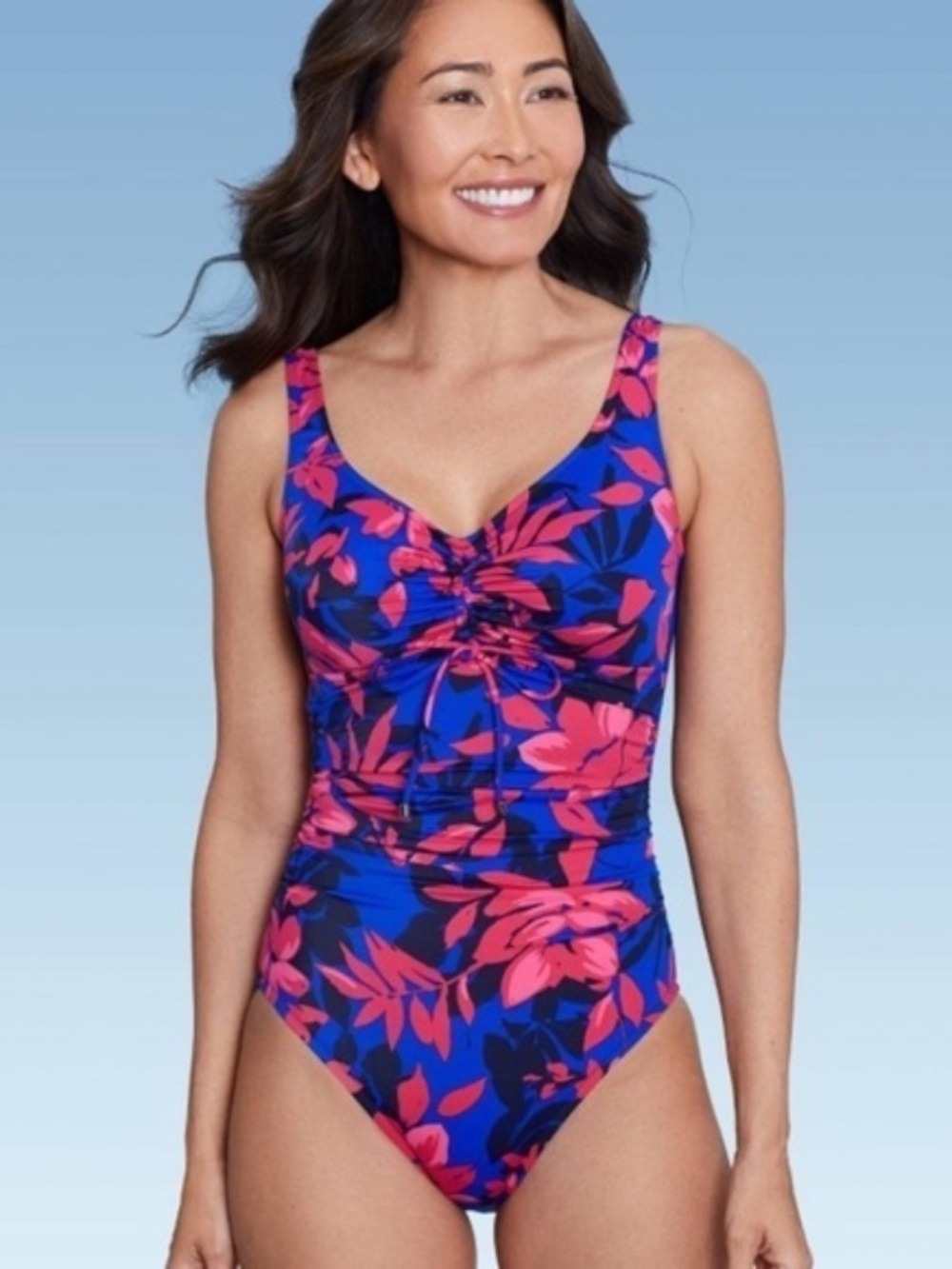 Aqua Green Floral Print UPF 50+ Cinch-Front One Piece Swimsuit